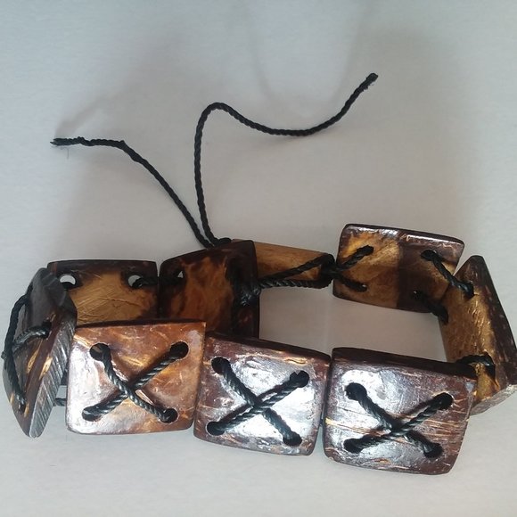 Coconut Wood Bracelet Anklet Square Tiles Artisan Made Philippines Small, 7" - Picture 3 of 6